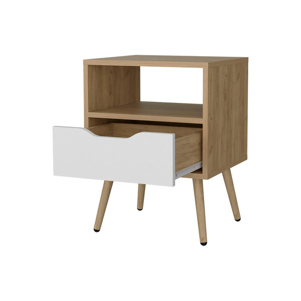 English Elm Natural Oak and White Scandinavian Nightstand with Drawer Cut-Out, Open Shelf & Angled Legs for Cozy Storage B062P303913