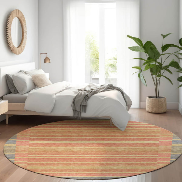 HomeRoots 5' Stylish Pewter and Gold Striped Area Rug for Indoor/Outdoor Spaces - Durable & Washable Design 8' Round 610500