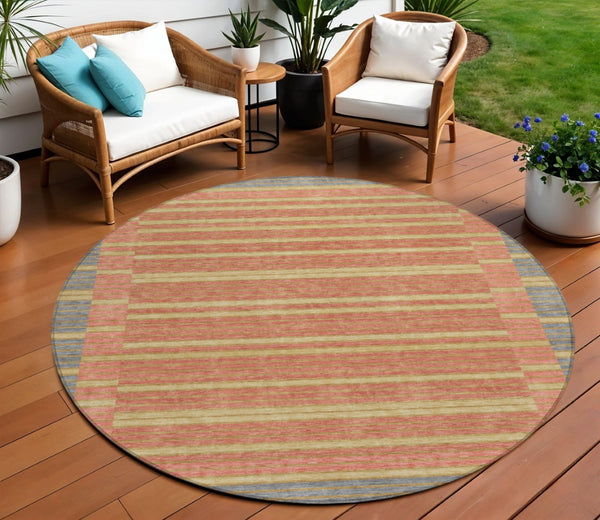 HomeRoots 5' Stylish Pewter and Gold Striped Area Rug for Indoor/Outdoor Spaces - Durable & Washable Design 8' Round 610500