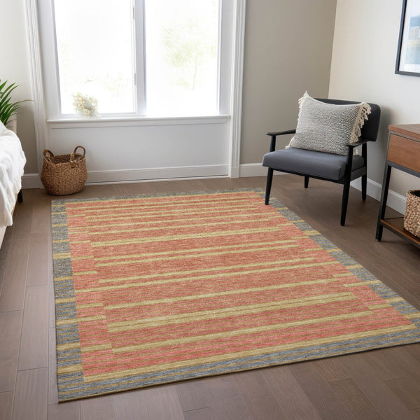 HomeRoots 5' Stylish Pewter and Gold Striped Area Rug for Indoor/Outdoor Spaces - Durable & Washable Design 8' X 10' 610501