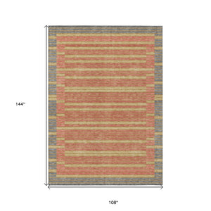 HomeRoots 5' Stylish Pewter and Gold Striped Area Rug for Indoor/Outdoor Spaces - Durable & Washable Design 9' X 12' 610502