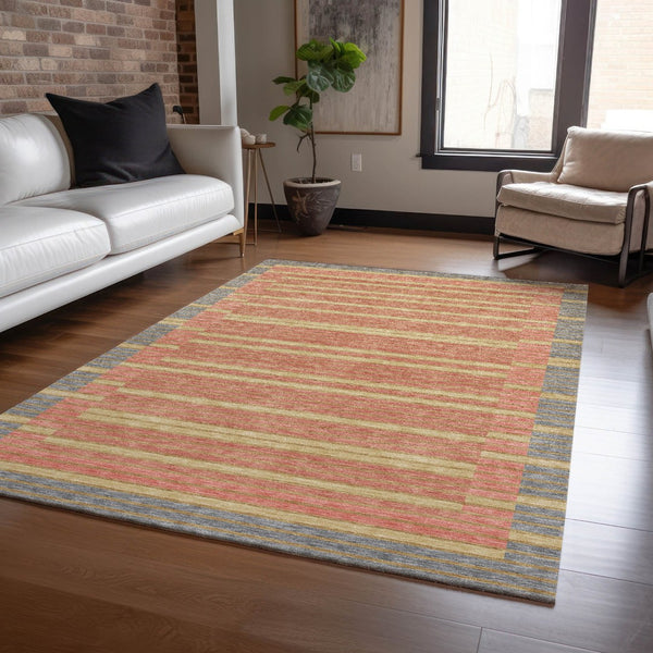 HomeRoots 5' Stylish Pewter and Gold Striped Area Rug for Indoor/Outdoor Spaces - Durable & Washable Design 9' X 12' 610502