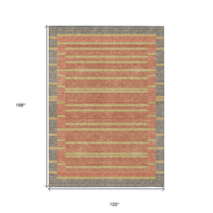 HomeRoots 5' Stylish Pewter and Gold Striped Area Rug for Indoor/Outdoor Spaces - Durable & Washable Design 10' X 14' 610503
