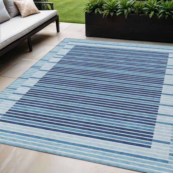HomeRoots 5' Sky Blue and Denim Striped Area Rug - Durable, Machine Washable for Indoor and Outdoor Spaces 5' X 8' 610505