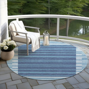 HomeRoots 5' Sky Blue and Denim Striped Area Rug - Durable, Machine Washable for Indoor and Outdoor Spaces 8' Round 610506