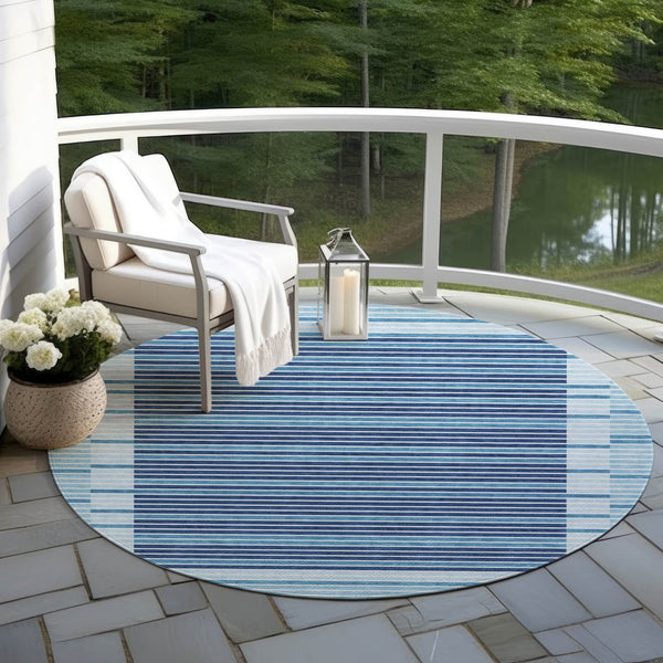HomeRoots 5' Sky Blue and Denim Striped Area Rug - Durable, Machine Washable for Indoor and Outdoor Spaces 8' Round 610506