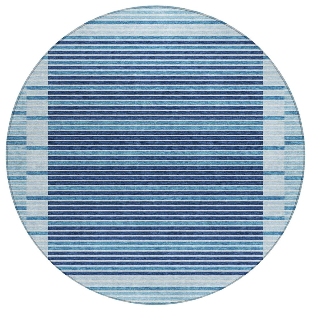 HomeRoots 5' Sky Blue and Denim Striped Area Rug - Durable, Machine Washable for Indoor and Outdoor Spaces 8' Round 610506