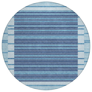 HomeRoots 5' Sky Blue and Denim Striped Area Rug - Durable, Machine Washable for Indoor and Outdoor Spaces 8' Round 610506