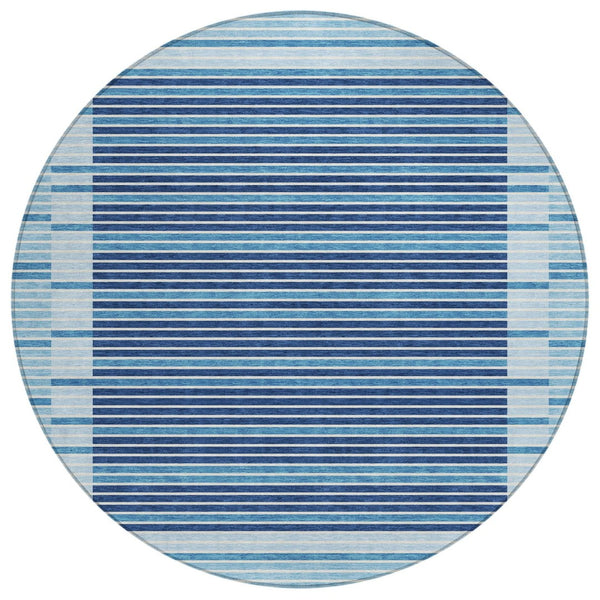 HomeRoots 5' Sky Blue and Denim Striped Area Rug - Durable, Machine Washable for Indoor and Outdoor Spaces 8' Round 610506
