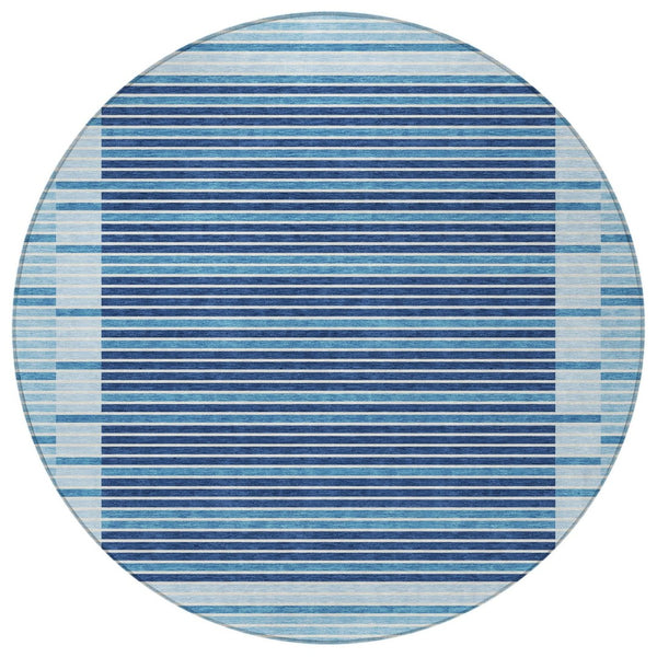 HomeRoots 5' Sky Blue and Denim Striped Area Rug - Durable, Machine Washable for Indoor and Outdoor Spaces 8' Round 610506