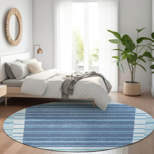 HomeRoots 5' Sky Blue and Denim Striped Area Rug - Durable, Machine Washable for Indoor and Outdoor Spaces 8' Round 610506