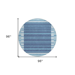 HomeRoots 5' Sky Blue and Denim Striped Area Rug - Durable, Machine Washable for Indoor and Outdoor Spaces 8' Round 610506