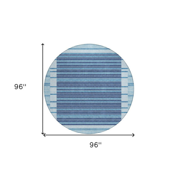 HomeRoots 5' Sky Blue and Denim Striped Area Rug - Durable, Machine Washable for Indoor and Outdoor Spaces 8' Round 610506