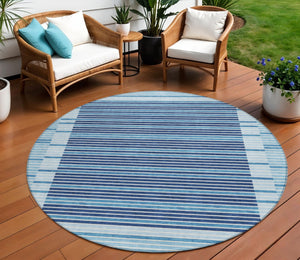 HomeRoots 5' Sky Blue and Denim Striped Area Rug - Durable, Machine Washable for Indoor and Outdoor Spaces 8' Round 610506