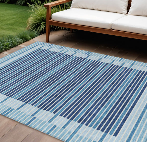 HomeRoots 5' Sky Blue and Denim Striped Area Rug - Durable, Machine Washable for Indoor and Outdoor Spaces 8' X 10' 610507