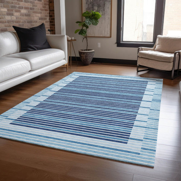 HomeRoots 5' Sky Blue and Denim Striped Area Rug - Durable, Machine Washable for Indoor and Outdoor Spaces 9' X 12' 610508