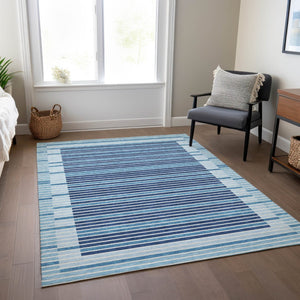 HomeRoots 5' Sky Blue and Denim Striped Area Rug - Durable, Machine Washable for Indoor and Outdoor Spaces 9' X 12' 610508