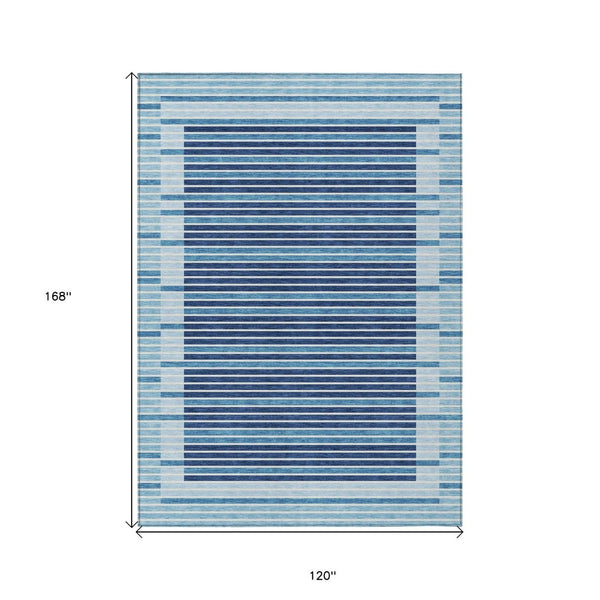 HomeRoots 5' Sky Blue and Denim Striped Area Rug - Durable, Machine Washable for Indoor and Outdoor Spaces 10' X 14' 610509