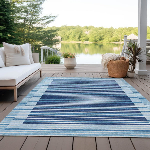 HomeRoots 5' Sky Blue and Denim Striped Area Rug - Durable, Machine Washable for Indoor and Outdoor Spaces 10' X 14' 610509