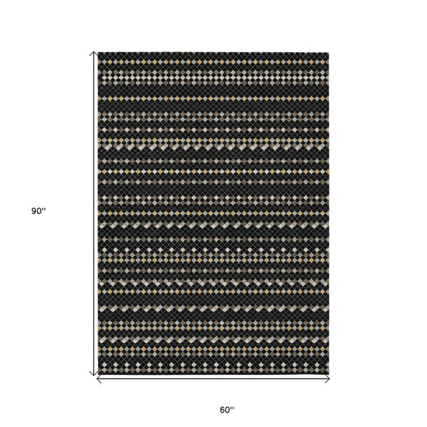 HomeRoots 5' Durable Black and Taupe Striped Washable Area Rug – Perfect for Indoor and Outdoor Spaces! 5' X 8' 610517