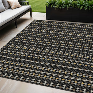 HomeRoots 5' Durable Black and Taupe Striped Washable Area Rug – Perfect for Indoor and Outdoor Spaces! 5' X 8' 610517