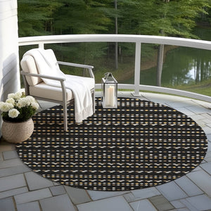 HomeRoots 5' Durable Black and Taupe Striped Washable Area Rug – Perfect for Indoor and Outdoor Spaces! 8' Round 610518