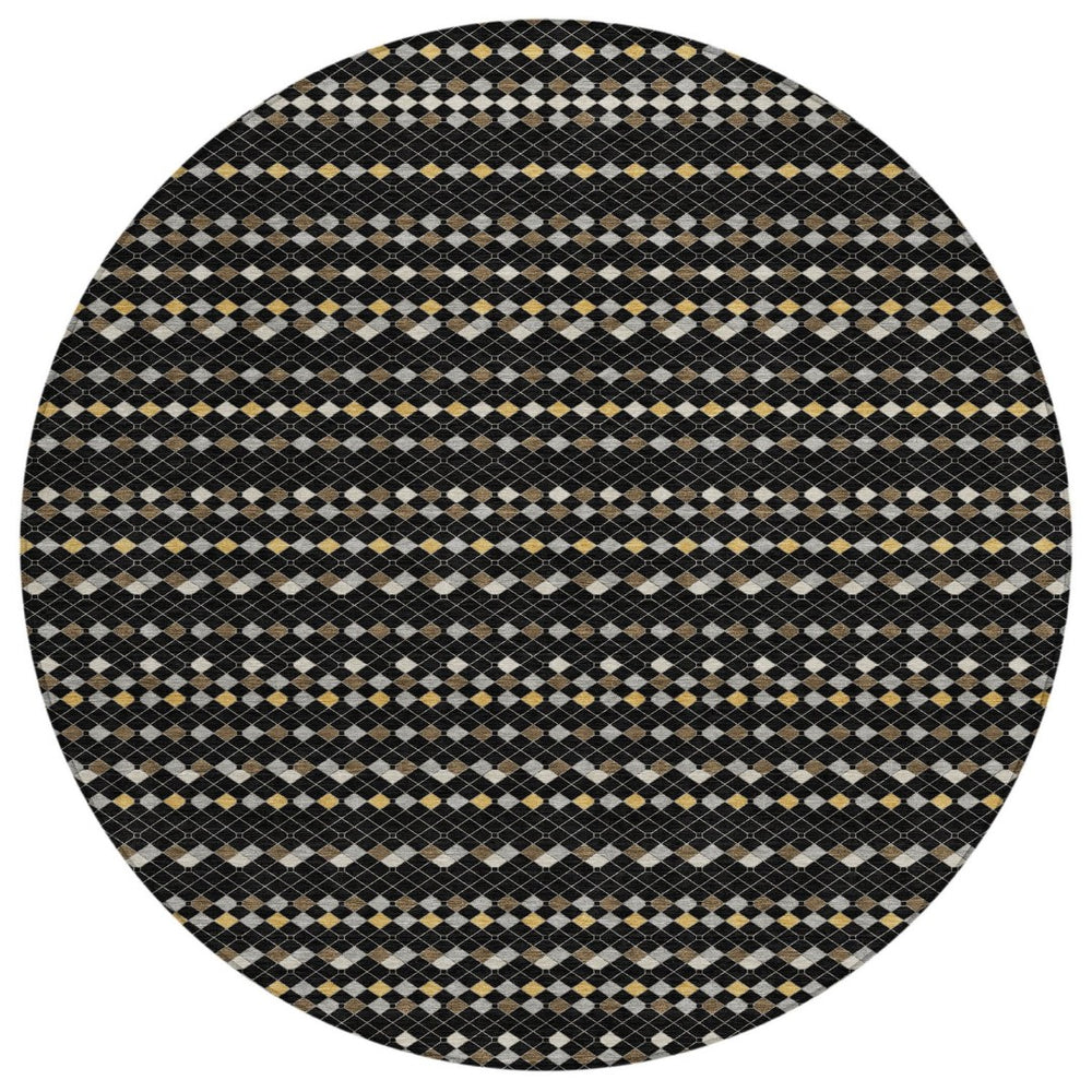 HomeRoots 5' Durable Black and Taupe Striped Washable Area Rug – Perfect for Indoor and Outdoor Spaces! 8' Round 610518