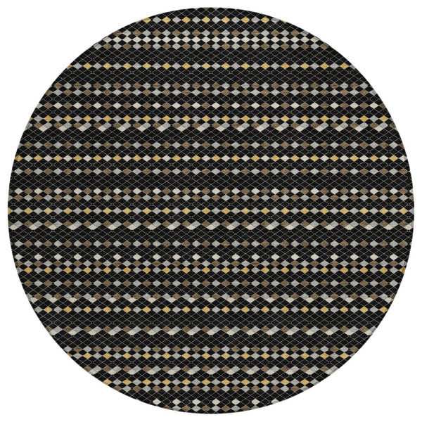 HomeRoots 5' Durable Black and Taupe Striped Washable Area Rug – Perfect for Indoor and Outdoor Spaces! 8' Round 610518