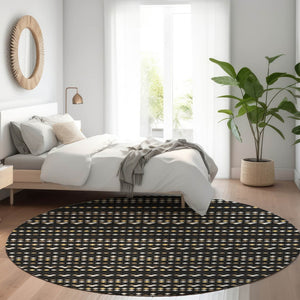 HomeRoots 5' Durable Black and Taupe Striped Washable Area Rug – Perfect for Indoor and Outdoor Spaces! 8' Round 610518