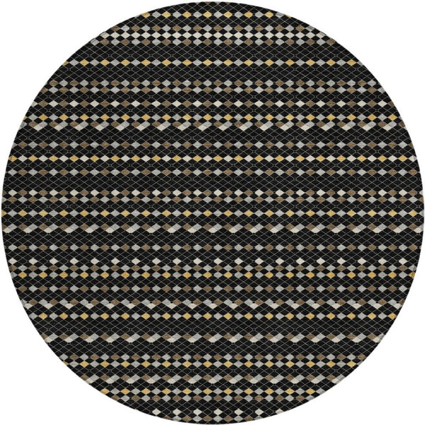 HomeRoots 5' Durable Black and Taupe Striped Washable Area Rug – Perfect for Indoor and Outdoor Spaces! 8' Round 610518