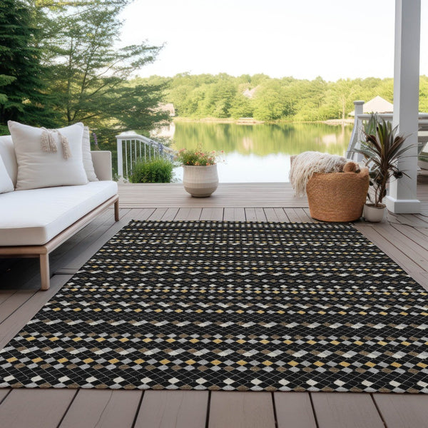 HomeRoots 5' Durable Black and Taupe Striped Washable Area Rug – Perfect for Indoor and Outdoor Spaces! 8' X 10' 610519