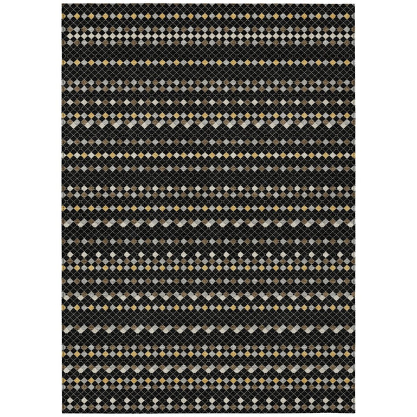 HomeRoots 5' Durable Black and Taupe Striped Washable Area Rug – Perfect for Indoor and Outdoor Spaces! 10' X 14' 610521