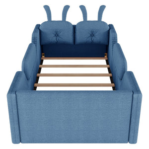 English Elm Twin Kids Platform Bed Teddy Fabric Upholstered with Bunny Cushions and Safety Rails Blue W2593P395808