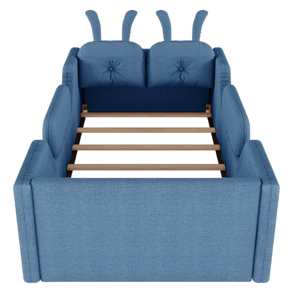 English Elm Twin Kids Platform Bed Teddy Fabric Upholstered with Bunny Cushions and Safety Rails Blue W2593P395808