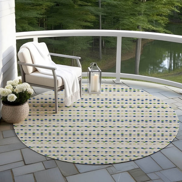 HomeRoots 5' Stylish Linen and Lime Green Striped Area Rug - Durable, Washable, Indoor/Outdoor Versatile Accent 8' Round 610536