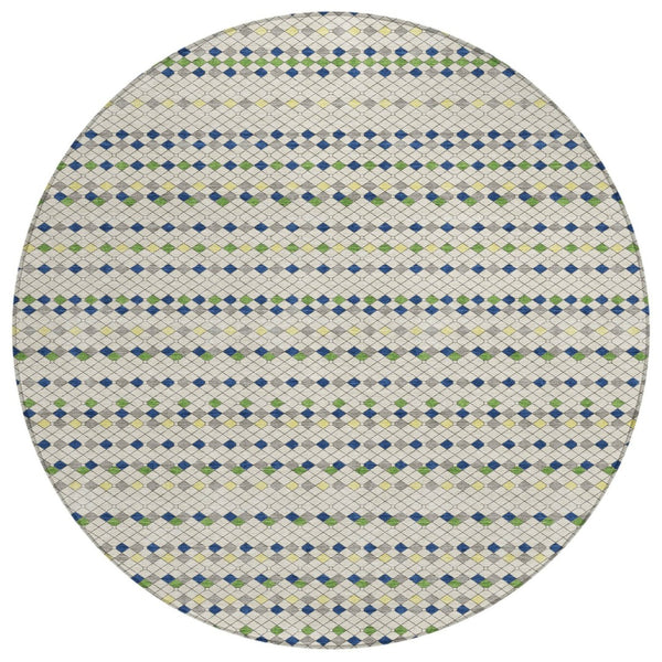 HomeRoots 5' Stylish Linen and Lime Green Striped Area Rug - Durable, Washable, Indoor/Outdoor Versatile Accent 8' Round 610536