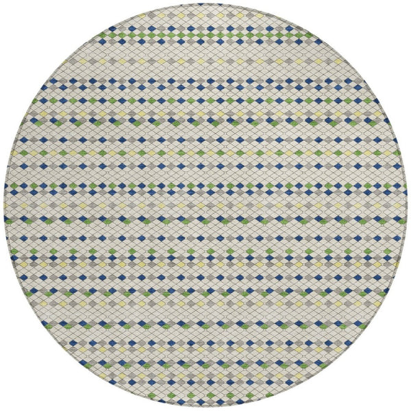 HomeRoots 5' Stylish Linen and Lime Green Striped Area Rug - Durable, Washable, Indoor/Outdoor Versatile Accent 8' Round 610536