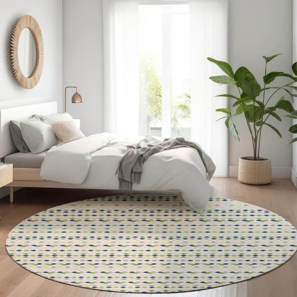 HomeRoots 5' Stylish Linen and Lime Green Striped Area Rug - Durable, Washable, Indoor/Outdoor Versatile Accent 8' Round 610536