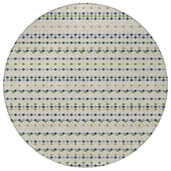HomeRoots 5' Stylish Linen and Lime Green Striped Area Rug - Durable, Washable, Indoor/Outdoor Versatile Accent 8' Round 610536