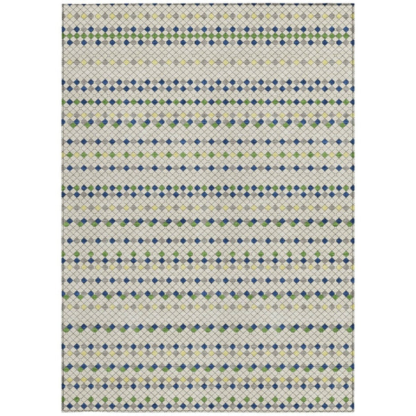 HomeRoots 5' Stylish Linen and Lime Green Striped Area Rug - Durable, Washable, Indoor/Outdoor Versatile Accent 8' X 10' 610537