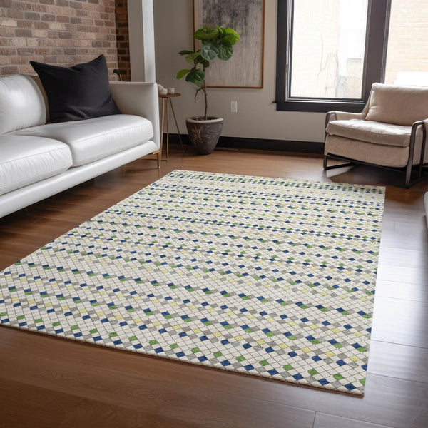 HomeRoots 5' Stylish Linen and Lime Green Striped Area Rug - Durable, Washable, Indoor/Outdoor Versatile Accent 8' X 10' 610537