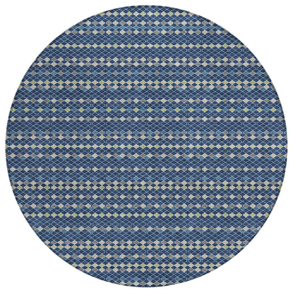 HomeRoots 5' Navy Blue and Mint Green Striped Indoor Outdoor Area Rug – Durable, Washable, Stylish Décor Solution 8' Round 610548