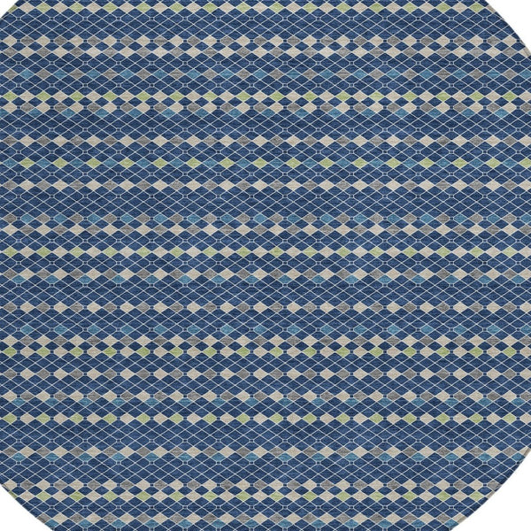 HomeRoots 5' Navy Blue and Mint Green Striped Indoor Outdoor Area Rug – Durable, Washable, Stylish Décor Solution 8' Round 610548