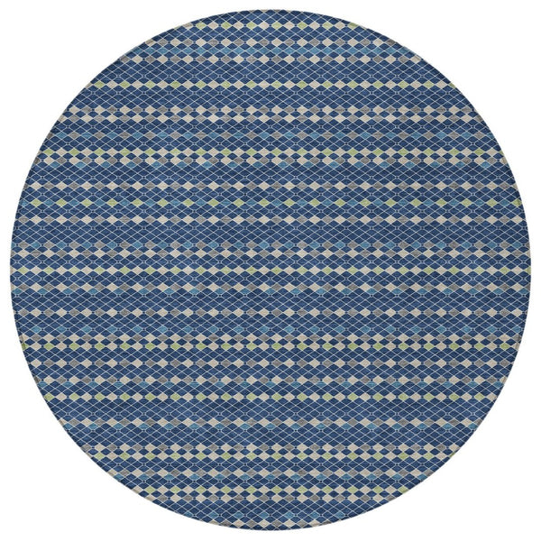 HomeRoots 5' Navy Blue and Mint Green Striped Indoor Outdoor Area Rug – Durable, Washable, Stylish Décor Solution 8' Round 610548