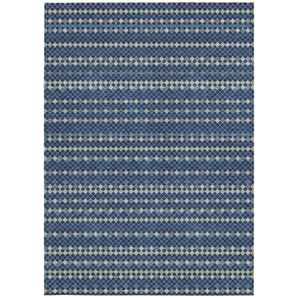 HomeRoots 5' Navy Blue and Mint Green Striped Indoor Outdoor Area Rug – Durable, Washable, Stylish Décor Solution 8' X 10' 610549