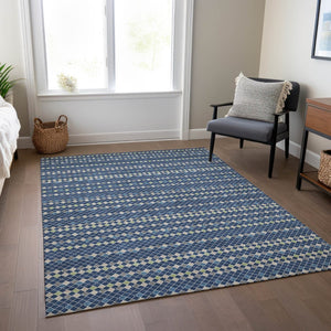 HomeRoots 5' Navy Blue and Mint Green Striped Indoor Outdoor Area Rug – Durable, Washable, Stylish Décor Solution 9' X 12' 610550