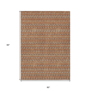 HomeRoots 5' Vibrant Orange and Taupe Striped Washable Area Rug for Indoor and Outdoor Spaces, Durable Style 5' X 8' 610559