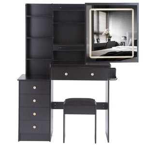 English Elm 37" Designer Vanity Set With Cushioned Stool, Touch Control Led Mirror, Usb Ports & Hair Dryer Stand W936P224320