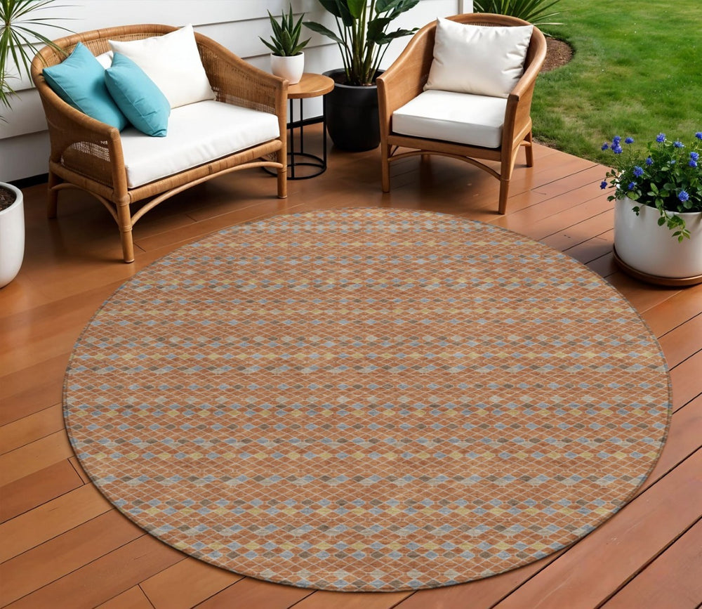 HomeRoots 5' Vibrant Orange and Taupe Striped Washable Area Rug for Indoor and Outdoor Spaces, Durable Style 8' Round 610560