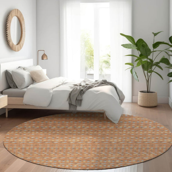 HomeRoots 5' Vibrant Orange and Taupe Striped Washable Area Rug for Indoor and Outdoor Spaces, Durable Style 8' Round 610560